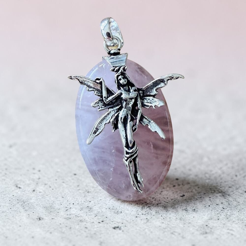 Fairy Rose Quartz Pendant Sterling Silver Overlay 2"